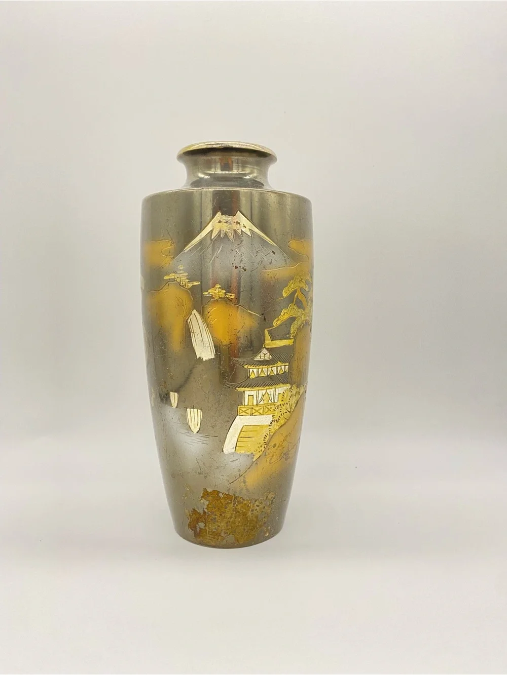 Vintage Japanese Metal Vase Mount Fuji Pagoda Gold Silver Tone Inlay Asian Decor